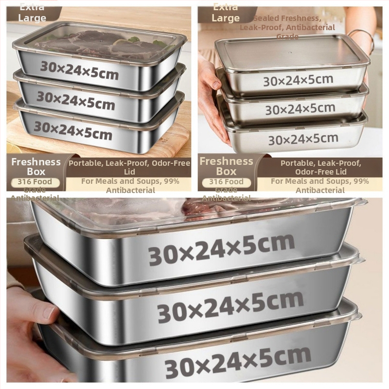 Priehradový box z 316 nerezovej ocele, obdĺžnikový tvar, objem 3.1–4 L, na udržiavanie čerstvosti potravín