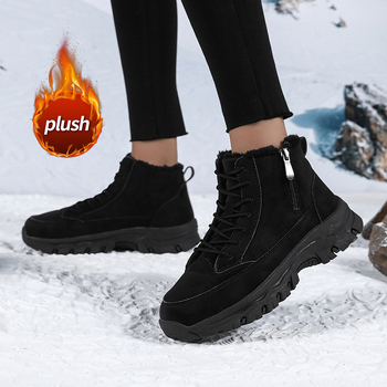 Γυναίκείες χειμωνιάτικες μπότες με PU δερμάτινο επάνω μέρος, βαμβακερή επένδυση, PU πάτος, καουτσούκ σόλα, στρογγυλό δάχτυλο, χαμηλό τακούνι