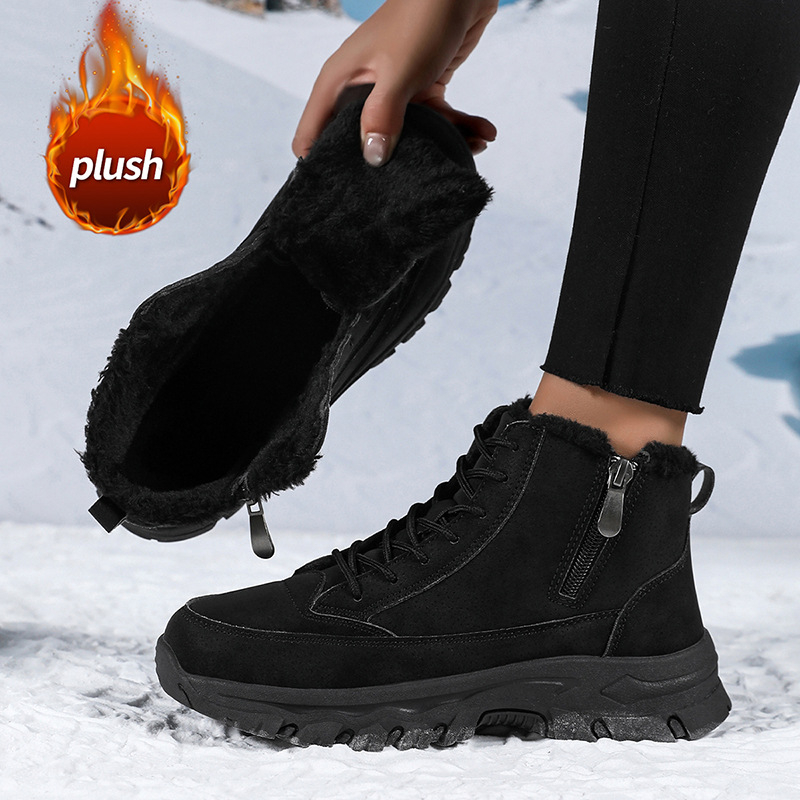 Γυναίκείες χειμωνιάτικες μπότες με PU δερμάτινο επάνω μέρος, βαμβακερή επένδυση, PU πάτος, καουτσούκ σόλα, στρογγυλό δάχτυλο, χαμηλό τακούνι