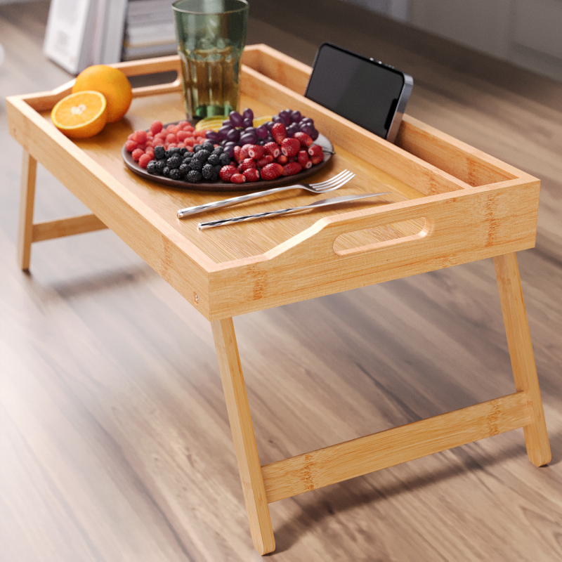 Sklopný drevený tác na posteľ s bambusovým úložným regálom a moderným minimalistickým detským študijným stolom