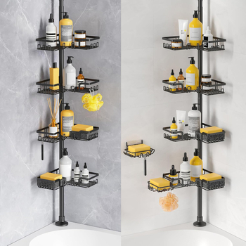 Dvojposchodová kúpeľňová polica od podlahy po strop, z uhlíkovej ocele, skladacia a rozšíriteľná, bez vŕtania