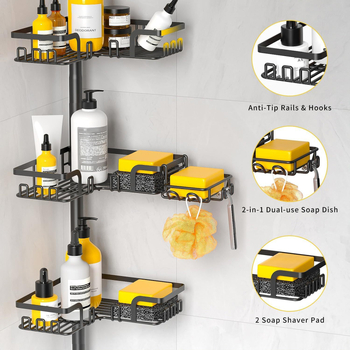Dvojposchodová kúpeľňová polica od podlahy po strop, z uhlíkovej ocele, skladacia a rozšíriteľná, bez vŕtania