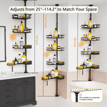 Dvojposchodová kúpeľňová polica od podlahy po strop, z uhlíkovej ocele, skladacia a rozšíriteľná, bez vŕtania