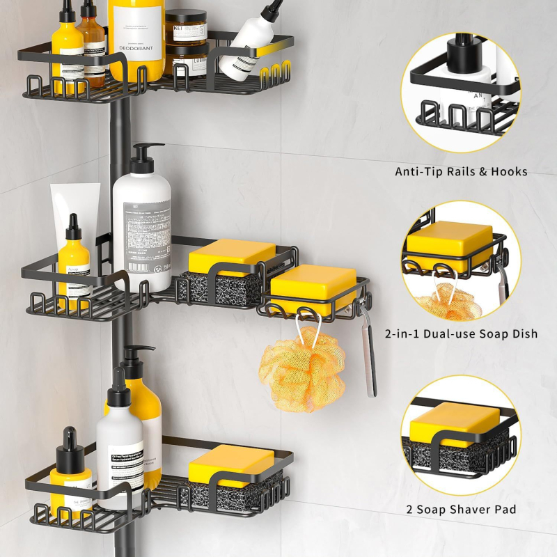 Dvojposchodová kúpeľňová polica od podlahy po strop, z uhlíkovej ocele, skladacia a rozšíriteľná, bez vŕtania