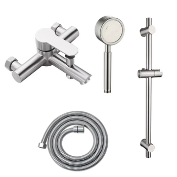 Смесител за вана от 304 неръждаема стомана, матов финиш, скрит монтаж в стената, смесване на гореща и студена вода, тройна конфигурация