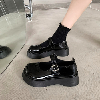 Dámske Mary Jane loafers s hrubou podrážkou, PU vrchnok, okrúhla špička, japonský štýl, zapínanie prackou, 3–5 cm stredný podpätok