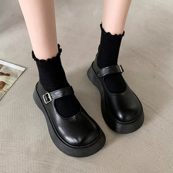 Dámske Mary Jane loafers s hrubou podrážkou, PU vrchnok, okrúhla špička, japonský štýl, zapínanie prackou, 3–5 cm stredný podpätok