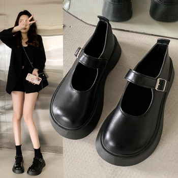 Dámske Mary Jane loafers s hrubou podrážkou, PU vrchnok, okrúhla špička, japonský štýl, zapínanie prackou, 3–5 cm stredný podpätok