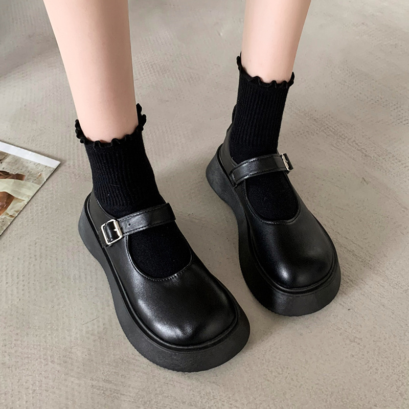 Dámske Mary Jane loafers s hrubou podrážkou, PU vrchnok, okrúhla špička, japonský štýl, zapínanie prackou, 3–5 cm stredný podpätok