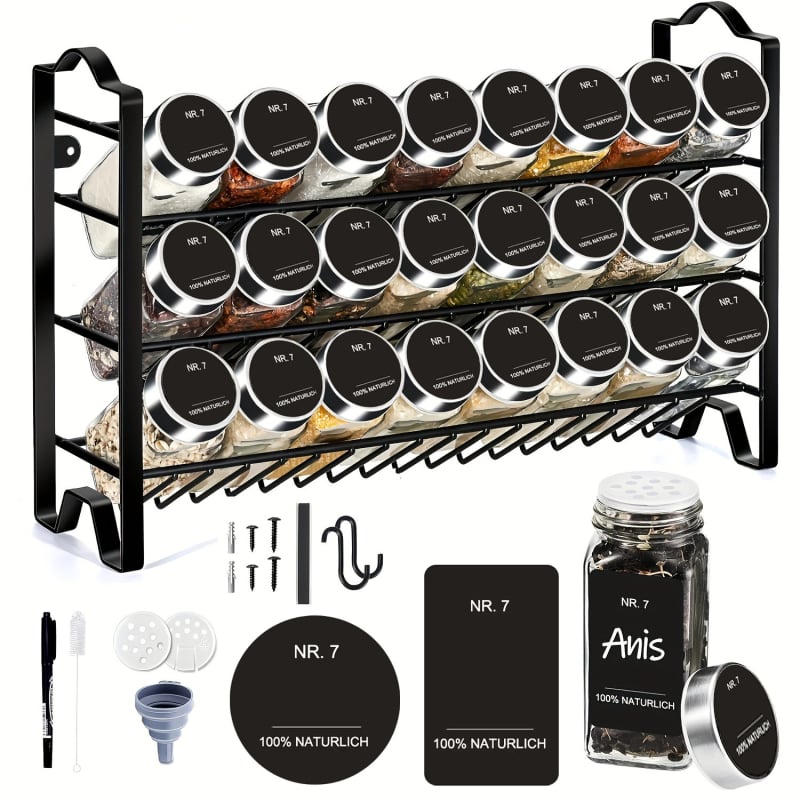 Trojposchodový stojan na korenie s sklenenými fľaštičkami a praktickými doplnkami, bez vrtania, moderný štýl, stojan na korenie, uvedený na trh v zime 2014