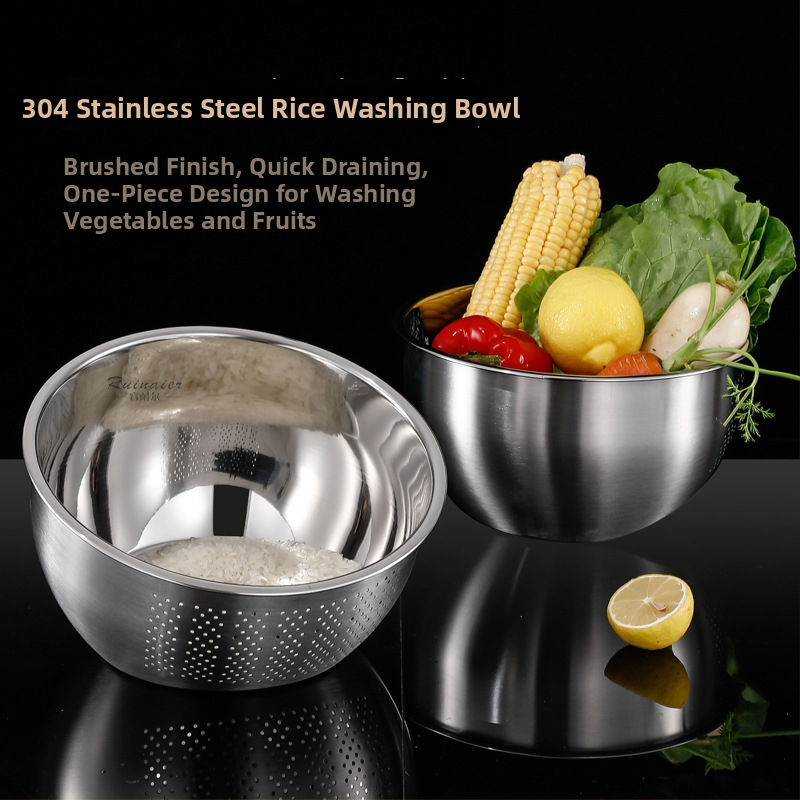 Odkvapkávací kôš z 304 nerezovej ocele so sklopeným dnom, zosilnený dizajn, určený na umývanie zeleniny, ovocia a preplachovanie ryže