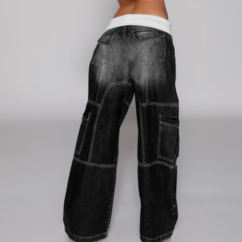 Ženske traperice patchwork denim, srednji struk, duge hlače, blago proširene nogavice, spandeks
