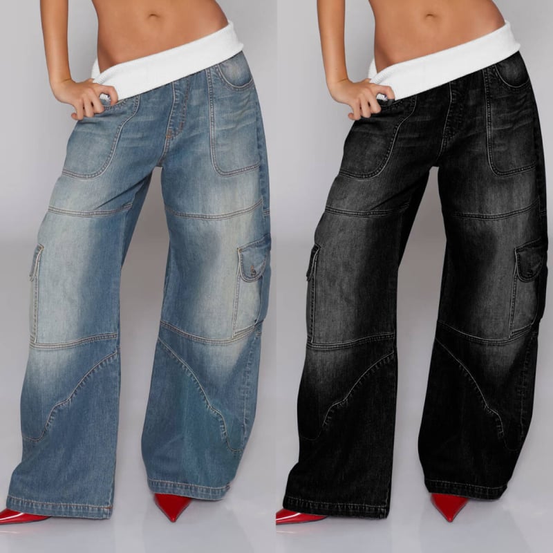 Ženske traperice patchwork denim, srednji struk, duge hlače, blago proširene nogavice, spandeks