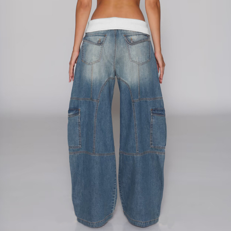Ženske traperice patchwork denim, srednji struk, duge hlače, blago proširene nogavice, spandeks