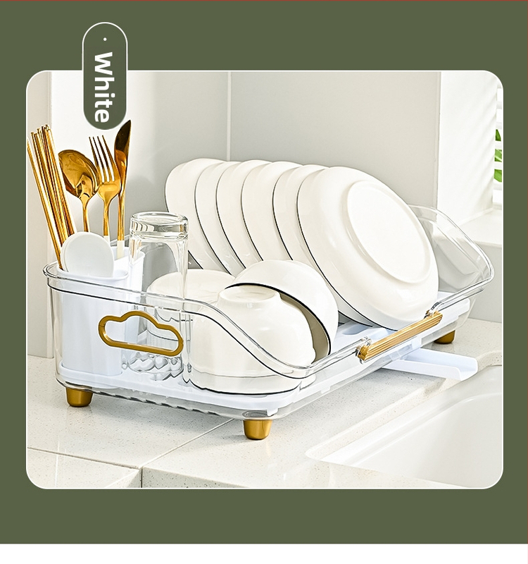 Plastikinis džiovinimo laikiklis su stačiakampiu padėklu dubenims ir įrankiams