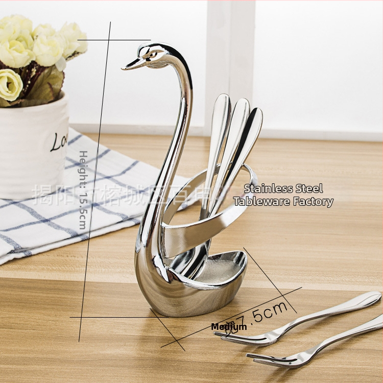 Stalo įrankių rinkinys: desertinis šaukštelis, kavos šaukštelis ir vaisių šakutė su saugojimo stovu, Korėjos stilius — Houyang prekės ženklas, vieno tono raštas, pirmosios klasės kokybė