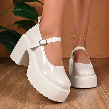 Retro Mary Jane női cipő, chunky sarkú 6–8 cm, PU felsőrész, gumitalp, kerek orr