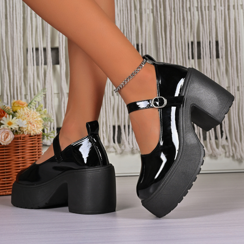 Retro Mary Jane női cipő, chunky sarkú 6–8 cm, PU felsőrész, gumitalp, kerek orr