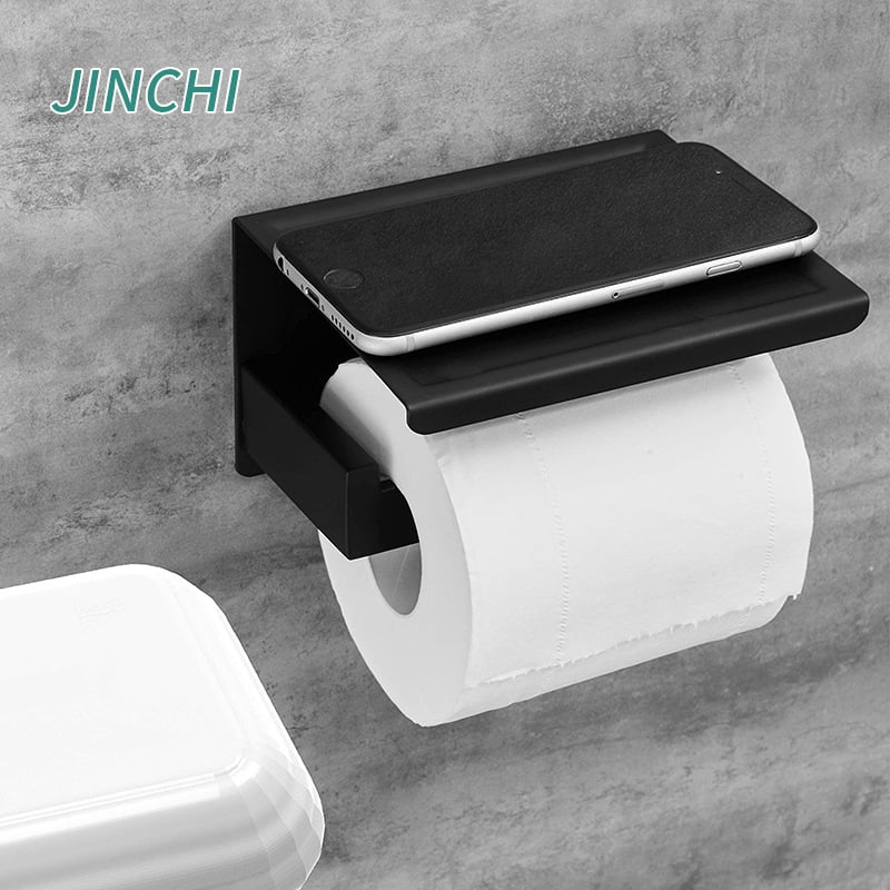 Držiak na toaletný papier z nehrdzavejúcej ocele s policou, štvorcový dizajn, povrchové spracovanie pečeným lakom, moderný minimalistický štýl