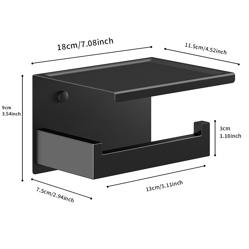 Držiak na toaletný papier z nehrdzavejúcej ocele s policou, štvorcový dizajn, povrchové spracovanie pečeným lakom, moderný minimalistický štýl