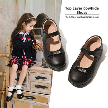 Dievčenské kožené školské topánky s popruhom na členok, britský štýl, zapínanie na suchý zips, podrážka z TPR