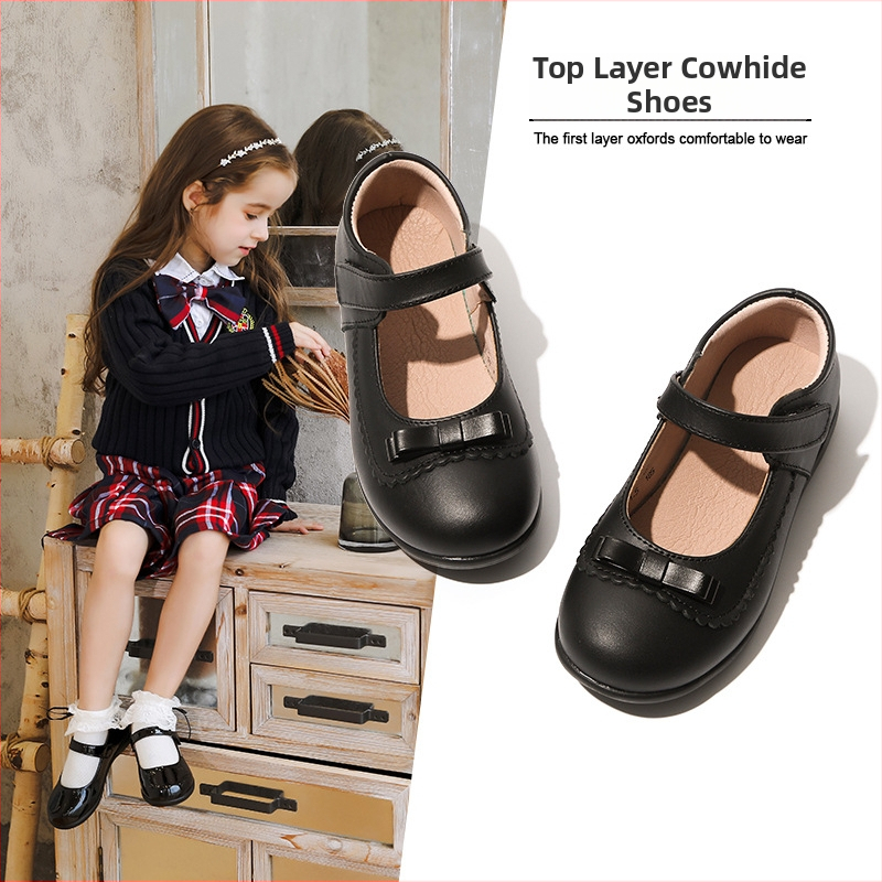 Dievčenské kožené školské topánky s popruhom na členok, britský štýl, zapínanie na suchý zips, podrážka z TPR