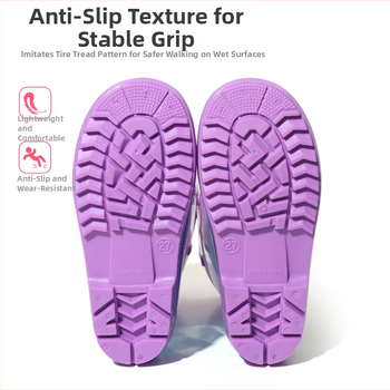 Detské čižmy do dažďa – dievčenský štýl, PVC horná časť, stredná výška lýtka, protišmyková podrážka, nízky podpätok 1-3 cm