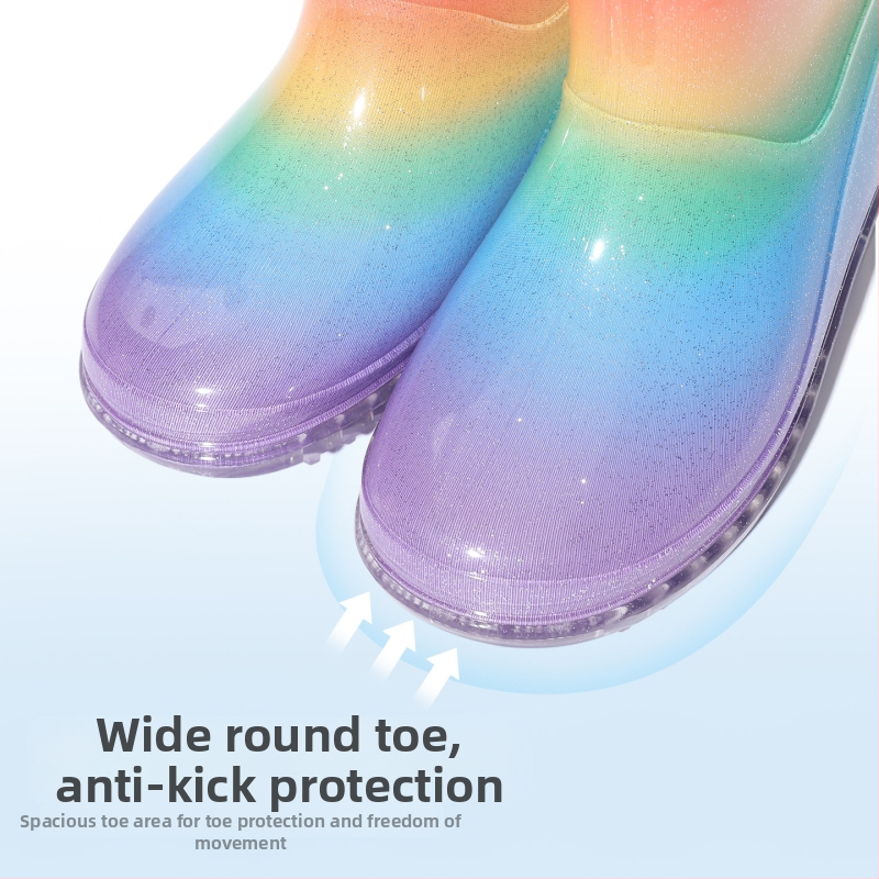 Detské čižmy do dažďa – dievčenský štýl, PVC horná časť, stredná výška lýtka, protišmyková podrážka, nízky podpätok 1-3 cm