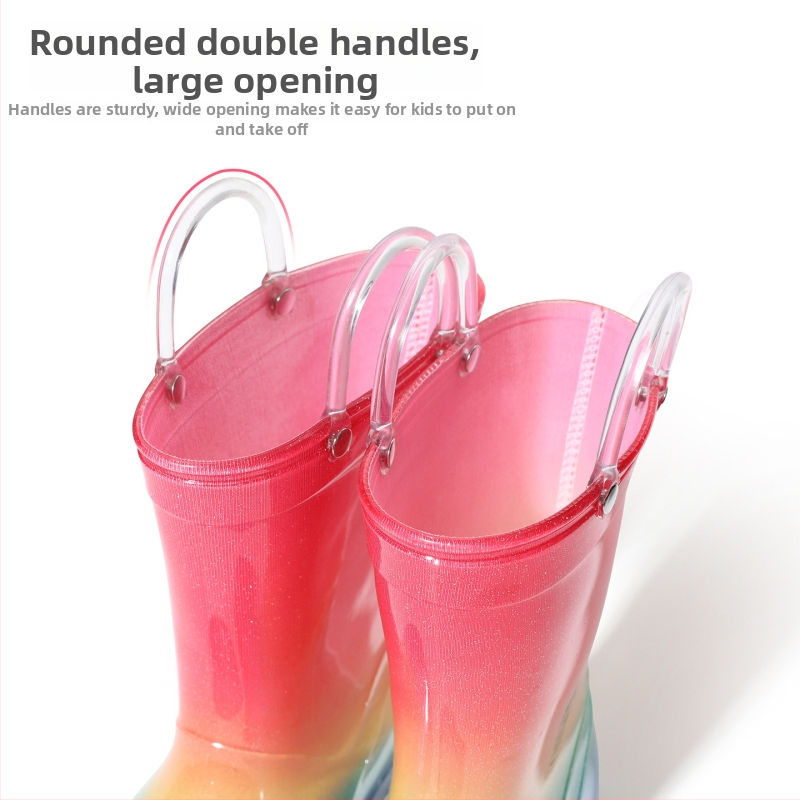 Detské čižmy do dažďa – dievčenský štýl, PVC horná časť, stredná výška lýtka, protišmyková podrážka, nízky podpätok 1-3 cm