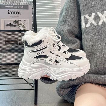 Moterų aukštos viršūnės sportiniai bateliai su dirbtiniu kailiu, raišteliai, EVA įdėklas, stora padanga, žiemai