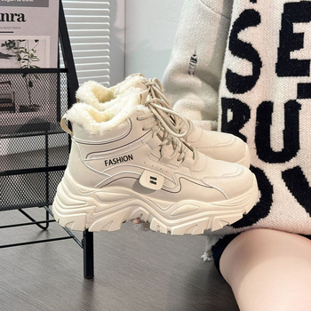 Moterų aukštos viršūnės sportiniai bateliai su dirbtiniu kailiu, raišteliai, EVA įdėklas, stora padanga, žiemai