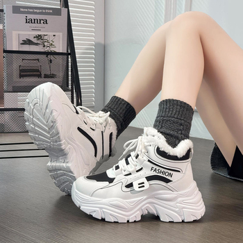 Moterų aukštos viršūnės sportiniai bateliai su dirbtiniu kailiu, raišteliai, EVA įdėklas, stora padanga, žiemai