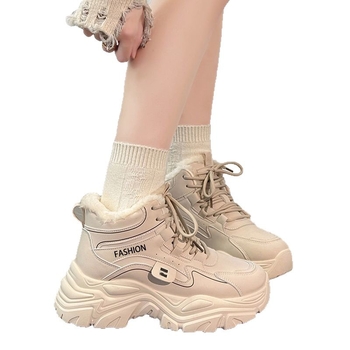 Moterų aukštos viršūnės sportiniai bateliai su dirbtiniu kailiu, raišteliai, EVA įdėklas, stora padanga, žiemai