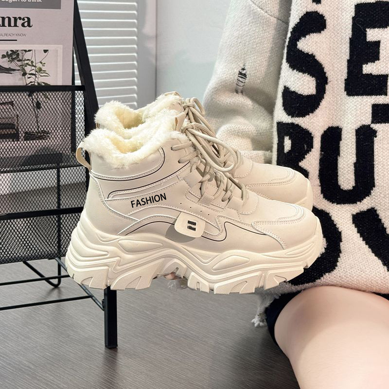 Moterų aukštos viršūnės sportiniai bateliai su dirbtiniu kailiu, raišteliai, EVA įdėklas, stora padanga, žiemai