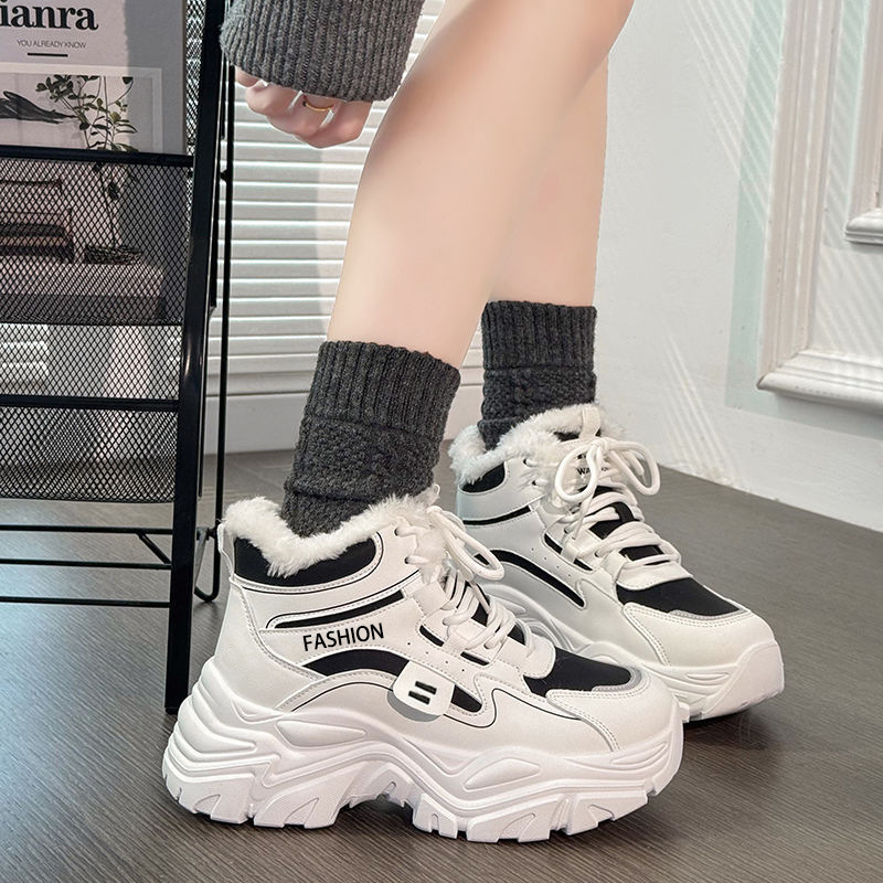 Moterų aukštos viršūnės sportiniai bateliai su dirbtiniu kailiu, raišteliai, EVA įdėklas, stora padanga, žiemai