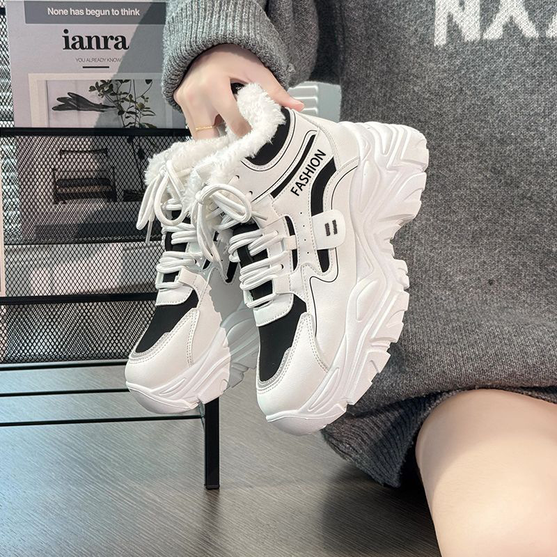 Moterų aukštos viršūnės sportiniai bateliai su dirbtiniu kailiu, raišteliai, EVA įdėklas, stora padanga, žiemai