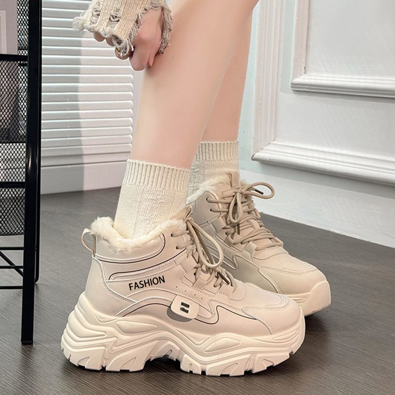 Moterų aukštos viršūnės sportiniai bateliai su dirbtiniu kailiu, raišteliai, EVA įdėklas, stora padanga, žiemai