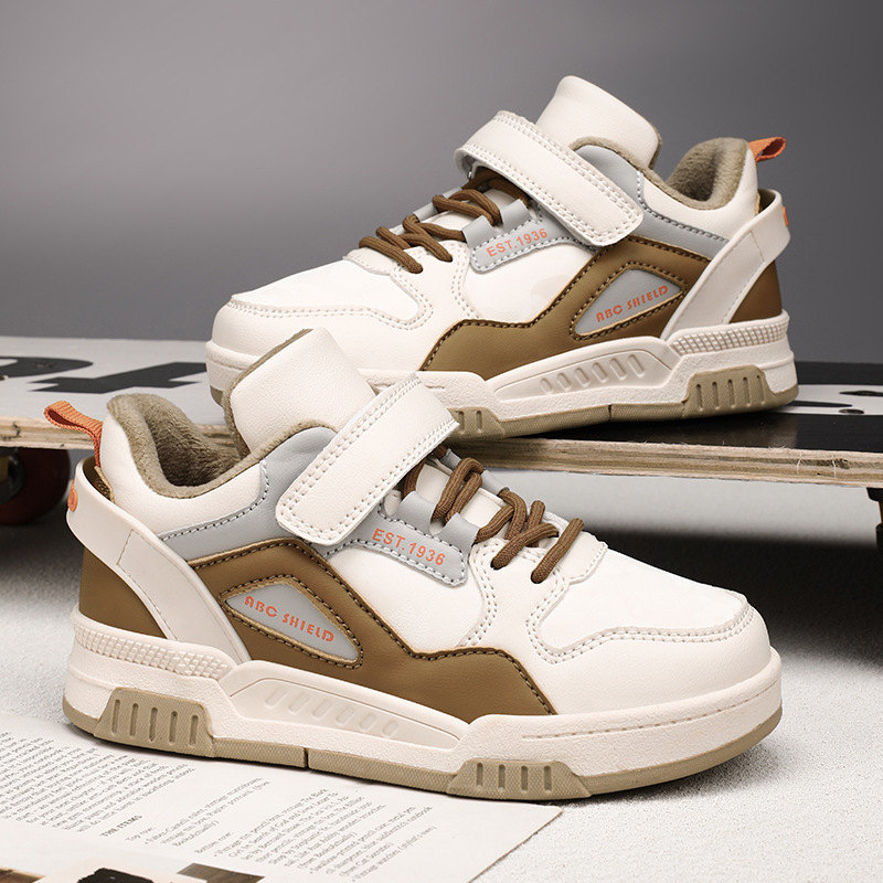 Детски спортни обувки с дебела подметка, лепенка за закопчаване, горна част от имитационна кожа, средна височина, подметка TPR (проветряващи, топли, издръжливи)