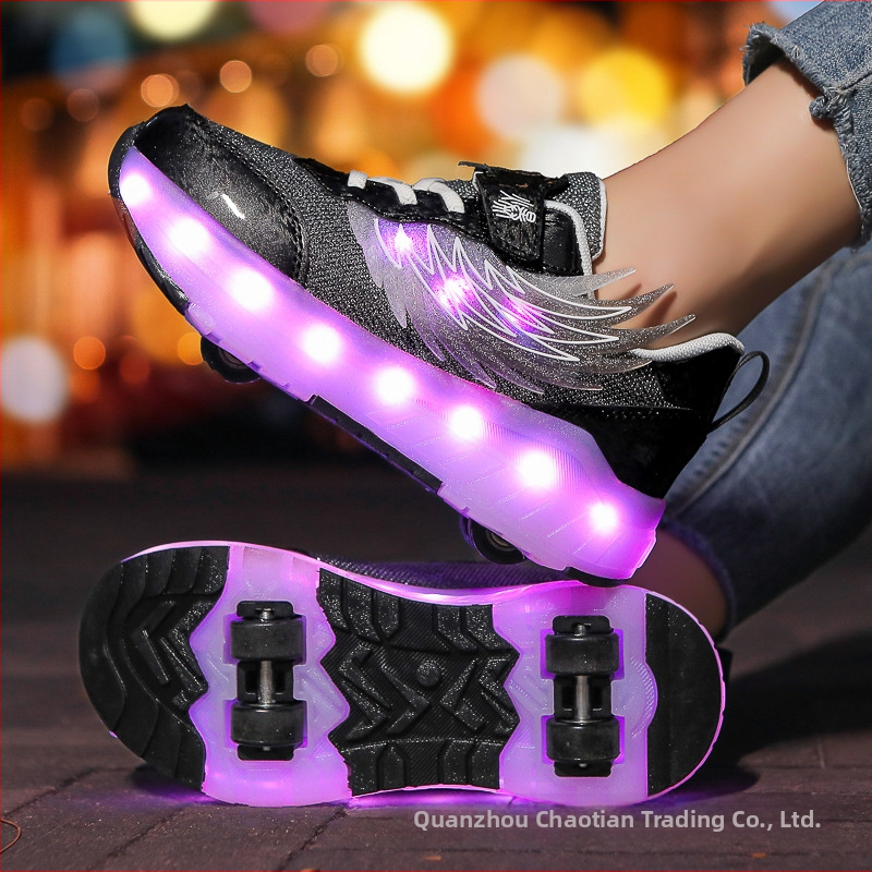 Štvorkolesové kolieskové tenisky pre deti, PU kolies, dvojradové kolies, unisex, LED krídlami