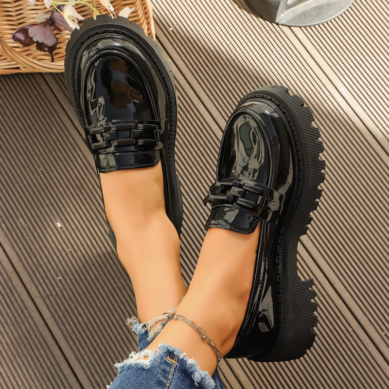 Loaferice, PU koža, zaobljeni vrh, britanski stil, srednja peta 3-5 cm, gumeni potplat