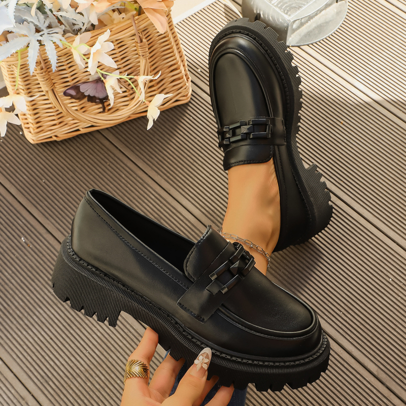 Loaferice, PU koža, zaobljeni vrh, britanski stil, srednja peta 3-5 cm, gumeni potplat