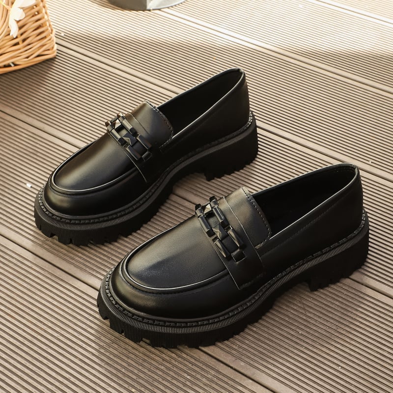 Loaferice, PU koža, zaobljeni vrh, britanski stil, srednja peta 3-5 cm, gumeni potplat