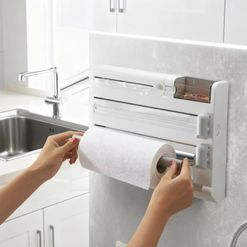6-в-1 стоманен кухненски стенен рафт за съхранение, без пробиване, с рязач за филм и фолио и държач за хартиена кърпа