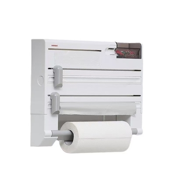 6-в-1 стоманен кухненски стенен рафт за съхранение, без пробиване, с рязач за филм и фолио и държач за хартиена кърпа