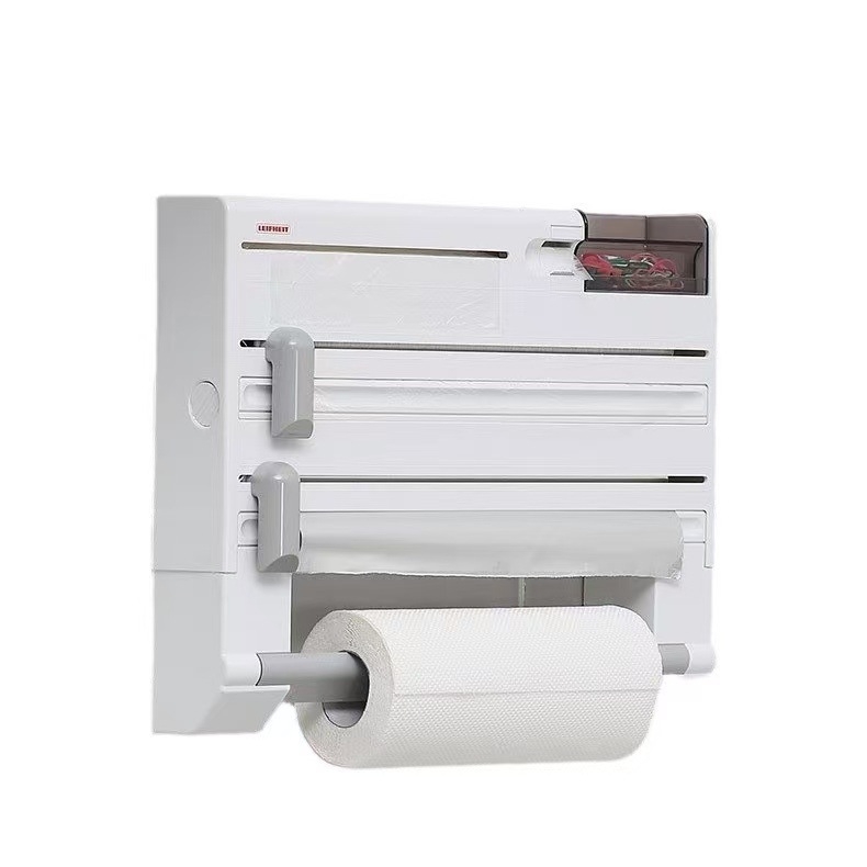 6-в-1 стоманен кухненски стенен рафт за съхранение, без пробиване, с рязач за филм и фолио и държач за хартиена кърпа