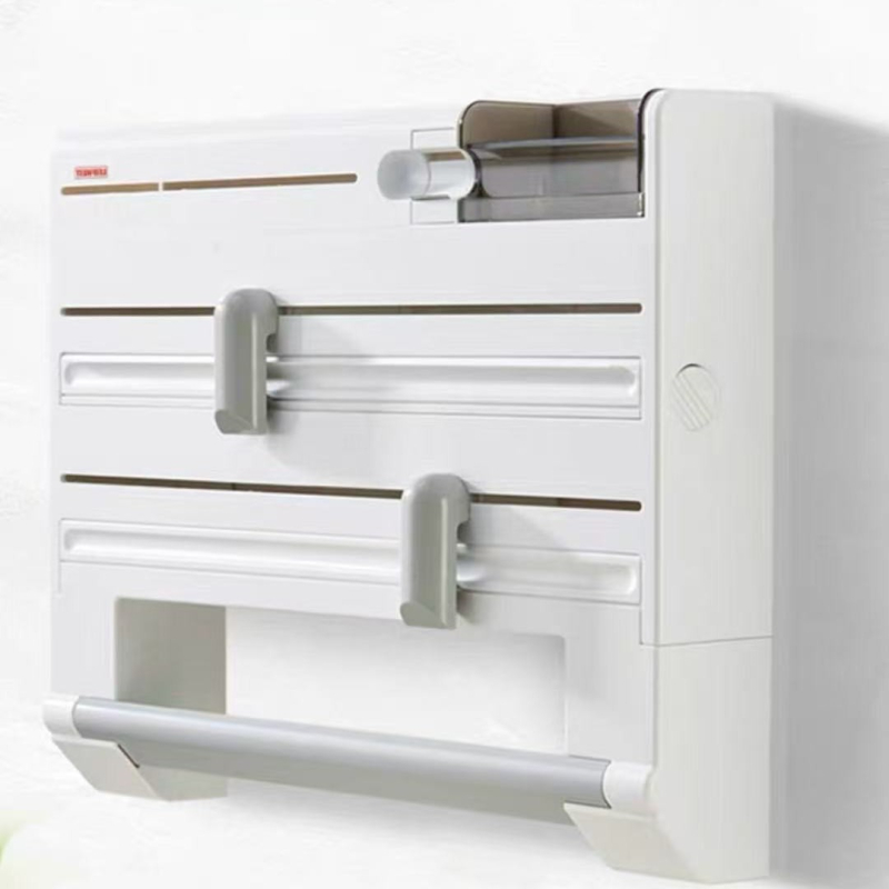 6-в-1 стоманен кухненски стенен рафт за съхранение, без пробиване, с рязач за филм и фолио и държач за хартиена кърпа