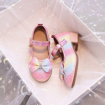 Pantofi de prințesă pentru fete: PU partea superioară, talpă din cauciuc, toc mic, închidere cu bandă magică, creștere înălțime, respirabili, anti-alunecare