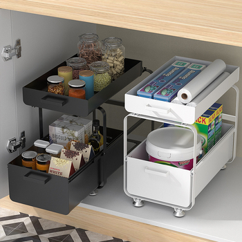 Raft de depozitare sub chiuvetă, glisant, din oțel-carbon, cu două niveluri, mobil