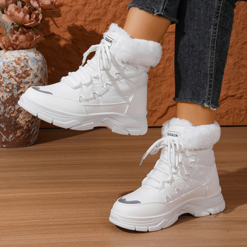 Moteriški žieminiai batai su PU viršutine dalimi, veliūrinė įdėklas, dirbtinis kailis, aukštas šarvas 13 cm, priekinis raištelėjimas