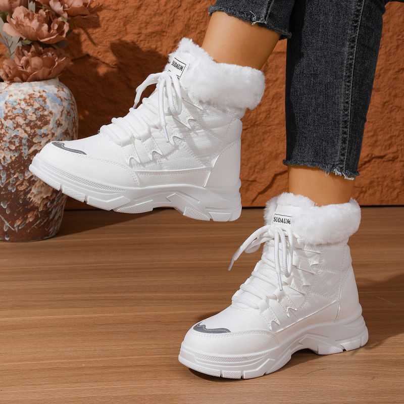 Moteriški žieminiai batai su PU viršutine dalimi, veliūrinė įdėklas, dirbtinis kailis, aukštas šarvas 13 cm, priekinis raištelėjimas